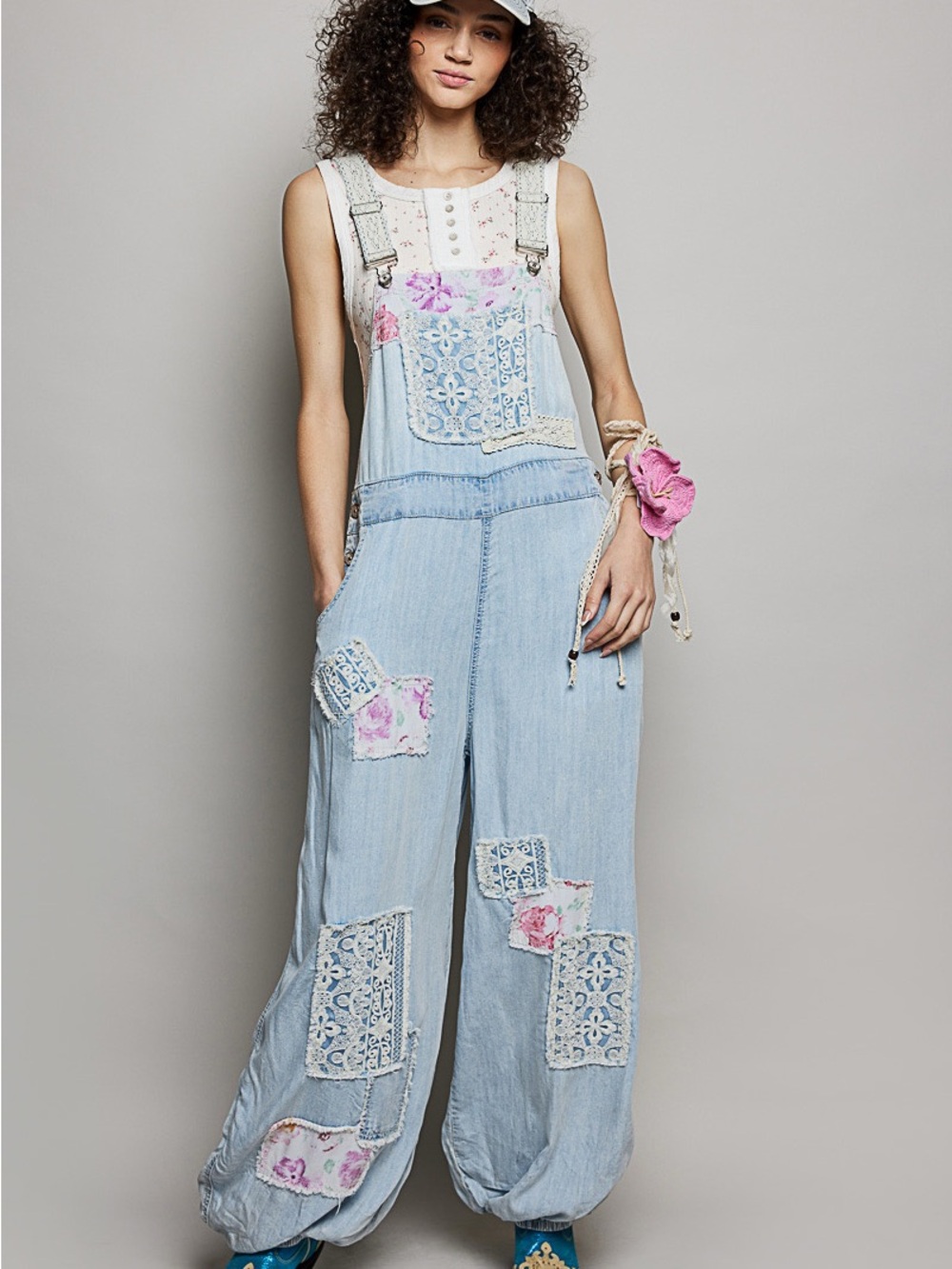 POL Light Blue Denim Patchwork Lace Jumpsuit with Pink Accents - Picture 3 of 8
